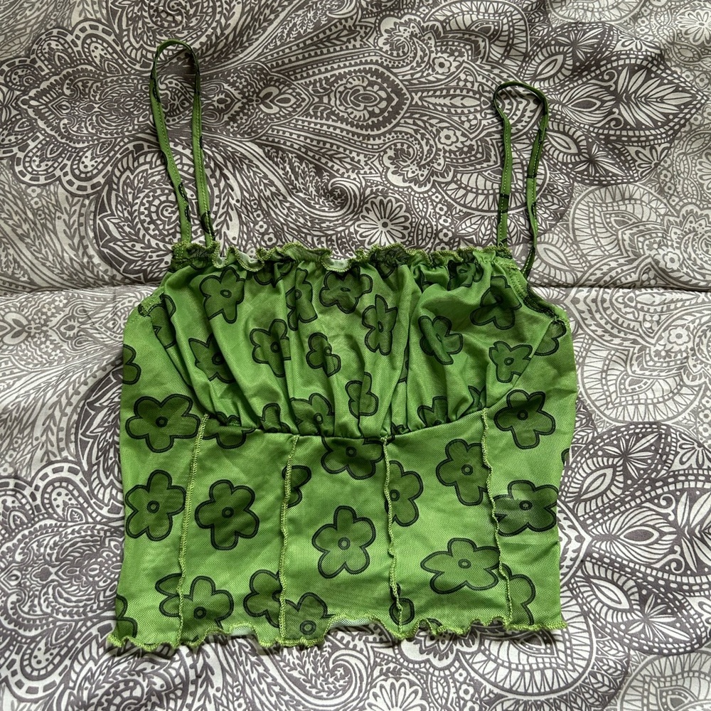 SHEIN Lettuce Trim Seam Front Floral Mesh Cami Top